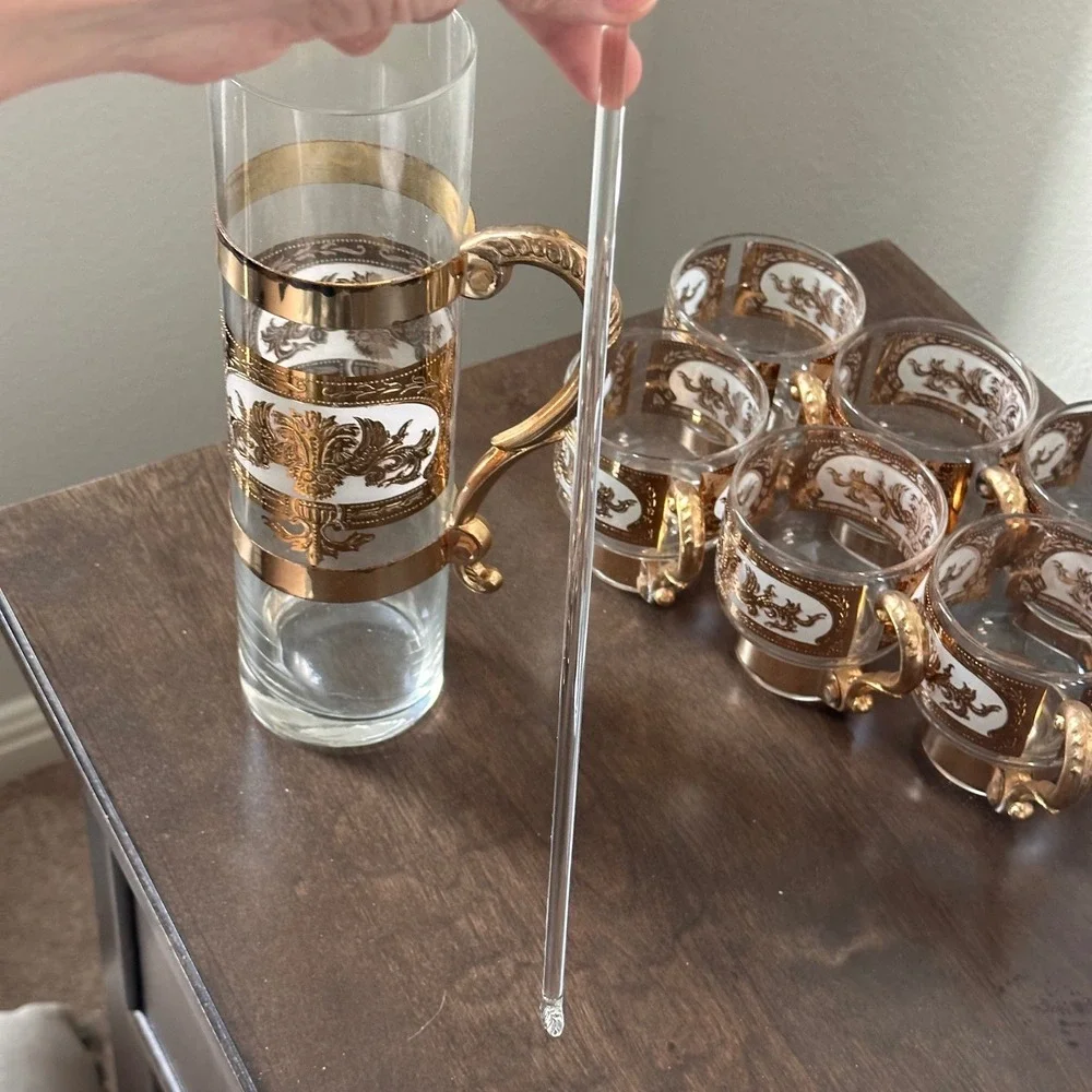 Vintage 22K Gold Filigree Glass Pitcher and 6 Mug Set with Stirrer MCM Barware
